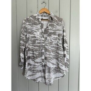 Enza Costa 100% Button Up Shirt Blouse 1 S Small Gray High Low Hem Long Sleeves